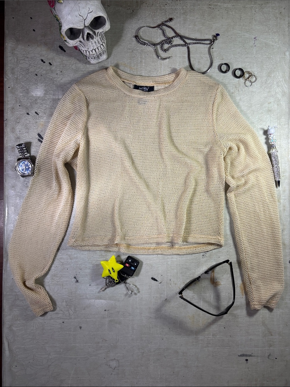 Light Beige Knit Mesh Long-Sleeve Top - Women